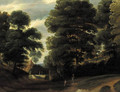 Travellers on a road in a wood, a farm beyond - (after) Jaques D'Arthois