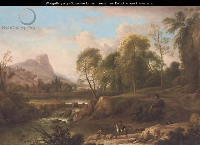 An extensive mountain landscape with horsemen on a track and bathers in a river, a town beyond - (after) Jan Wynants