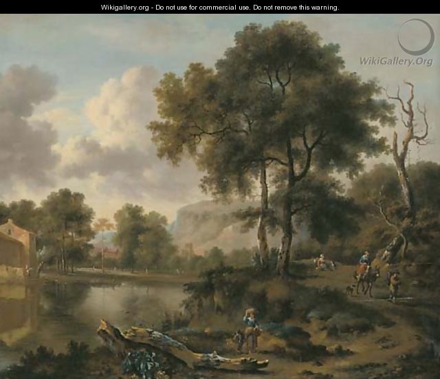 A wooded river landscape with travellers on a road, a village beyond - (after) Jan Wynants