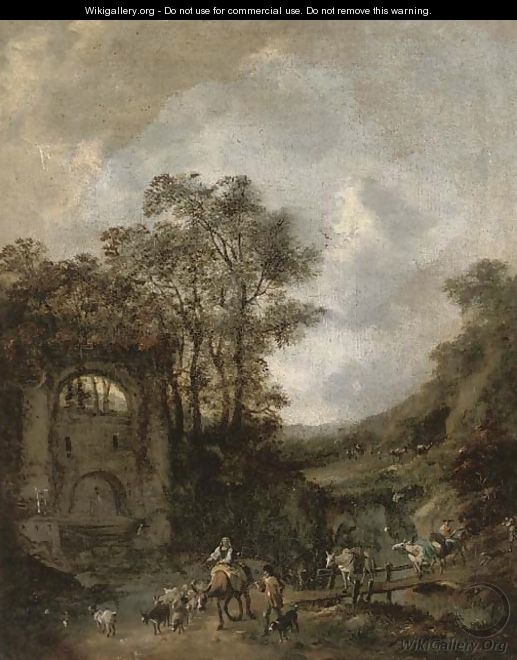 A river landscape with shepherds and their flock crossing a bridge to a fountain - (after) Jan Wynants