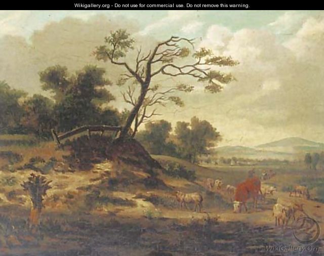 A dune landscape with sheep, a cow and figures on a track - (after) Jan Wynants