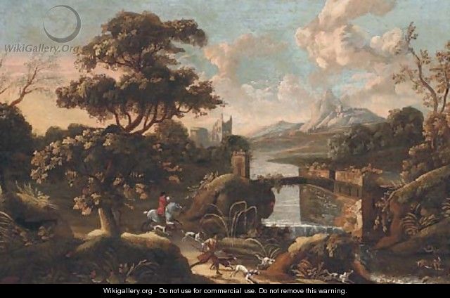 An extensive Italianate landscape with a stag hunt in the foreground - (after) Jan Wyck