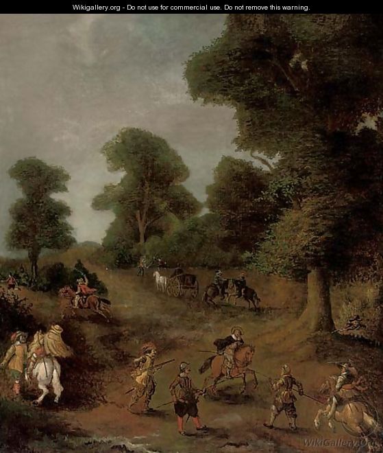 A wooded landscape with travellers under siege - (after) Jan Wyck