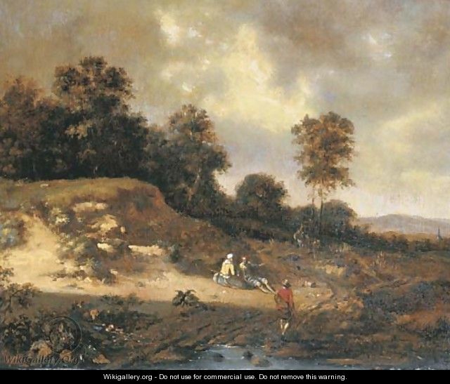 A dune landscape with travellers and a couple resting on a path - (after) Jan Wijnants