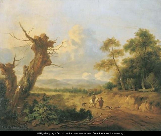 A dune landscape with sportsmen on a path by a wood - (after) Jan Wijnants
