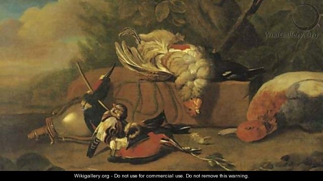 Dead game birds near a powder flask in a wooded clearing - (after) Jan Weenix