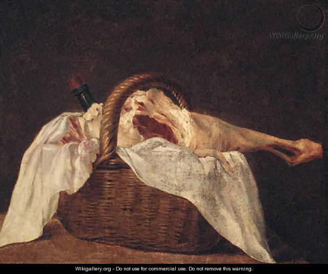 A leg of lamb and a wine bottle in a basket on a ledge - (after) Jean-Baptiste-Simeon Chardin