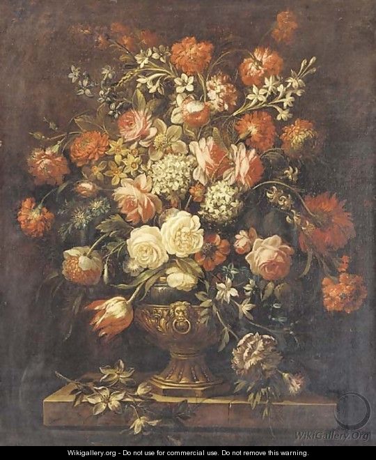 Roses, tulips, carnations, forget-me-nots and other flowers in a sculpted urn on a ledge - (after) Jean-Baptiste Monnoyer