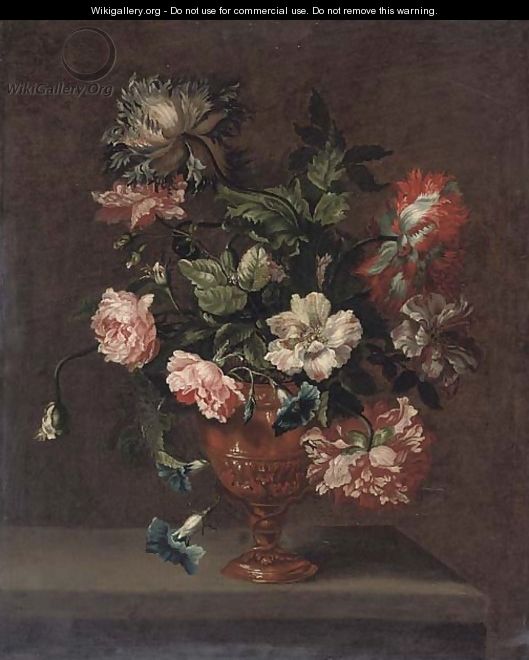 Roses, peonies and convulvulus in a sculpted urn on a stone ledge - (after) Jean-Baptiste Monnoyer