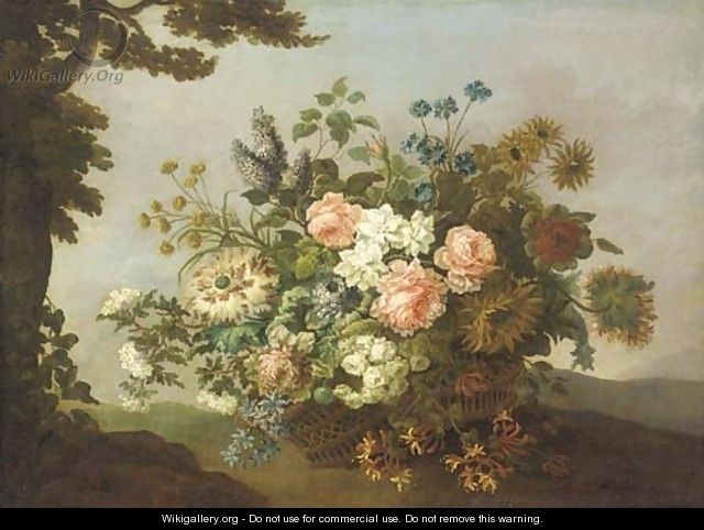 Roses, carnations, sunflowers, honeysuckle and other flowers in a basket by a tree in a hilly landscape - (after) Jean-Baptiste Monnoyer