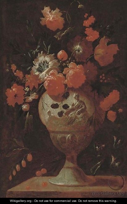Roses, carnations and other flowers in a vase on a ledge - (after) Jean-Baptiste Monnoyer