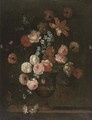 Roses, a parrot tulip, morning glory and other flowers in an urn on a ledge - (after) Jean-Baptiste Monnoyer