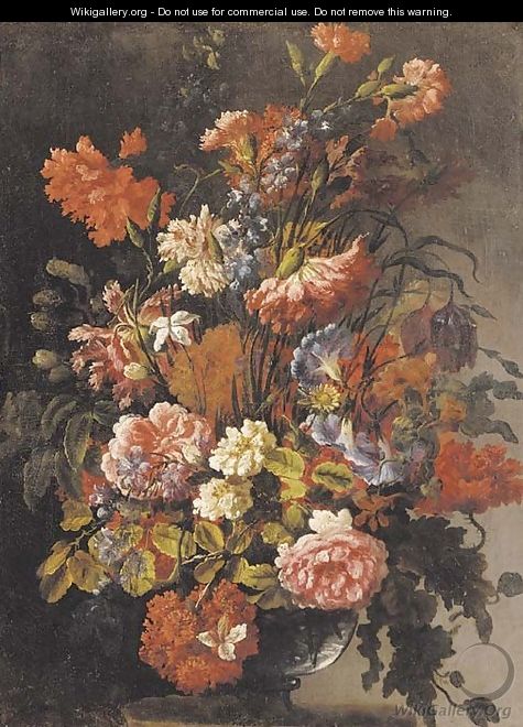 Carnations, peonies, morning glory and other flowers in a glass vase on a ledge - (after) Jean-Baptiste Monnoyer