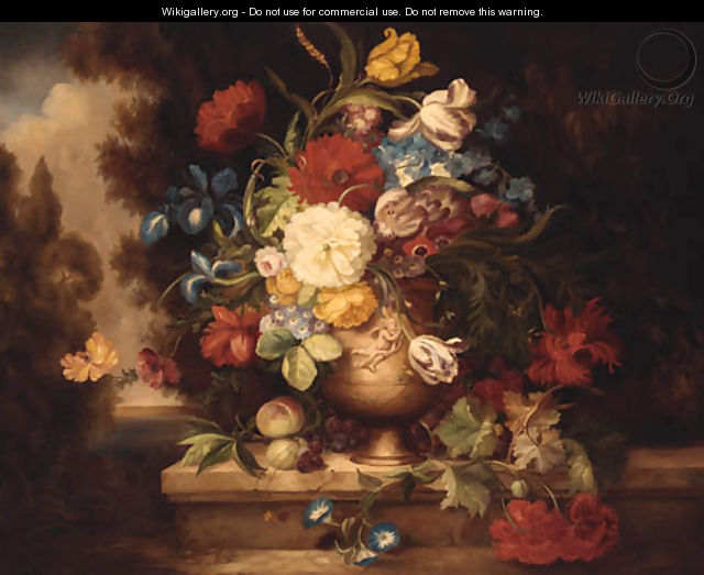 A Vase Of Mixed Flowers On A Ledge - (after) Of Jean-Baptiste Monnoyer