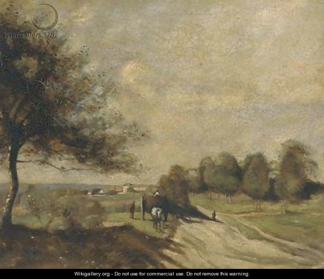 A horse and cart on a country road - (after) Jean-Baptiste-Camille Corot