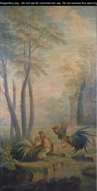 Two fighting cocks by a pond in a park landscape - (after) Jean-Baptiste Oudry