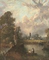 Anglers before a mill, with a church beyond - (after) Constable, John