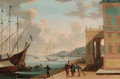 A capriccio of a Mediterranean harbour with Oriental merchants conversing on a quay - (after) Johannes Lingelbach
