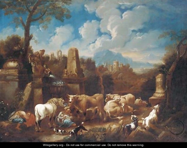 An Italianate landscape with a peasant family resting with cattle and sheep amongst ruins - (after) Johann Heinrich Roos
