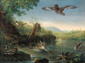 An eagle in flight watching ducks by a pool - (after) Johann Elias Ridinger Or Riedinger
