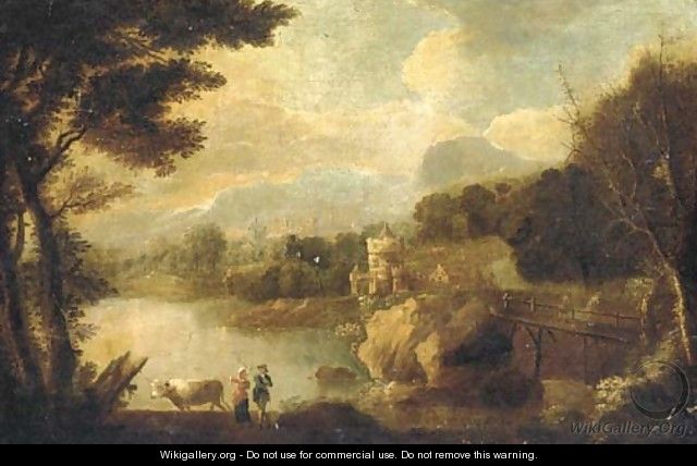 An Italianate landscape with figures and cattle by a river, a castle beyond - (after) Johann Christian Vollerdt Or Vollaert