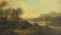 A Rhenish landscape with peasants conversing on a path by a farmhouse with ships moored at a quay - (after) Johann Christian Vollerdt Or Vollaert