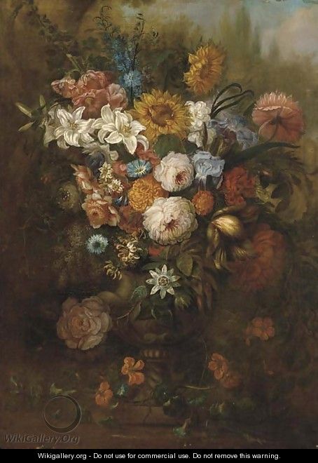Roses, carnations, morning glory and other flowers in an urn on a ledge - (after) Johann Baptist Drechsler