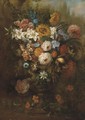 Roses, carnations, morning glory and other flowers in an urn on a ledge - (after) Johann Baptist Drechsler
