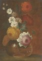 Peonies, chrysanthemums and other flowers in a glass vase on a table - (after) Johann Baptist Drechsler