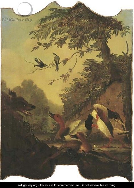 A wooded river landscape with ducks being stalked by a dog - (after) Jacomo (or Victor, Jacobus) Victors