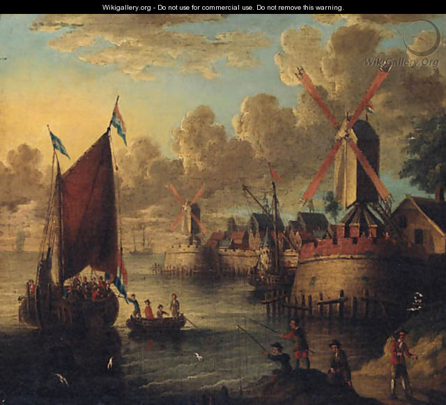 Figures boarding a smalschip in a port with fishermen on the shore - (after) Jacobus Storck