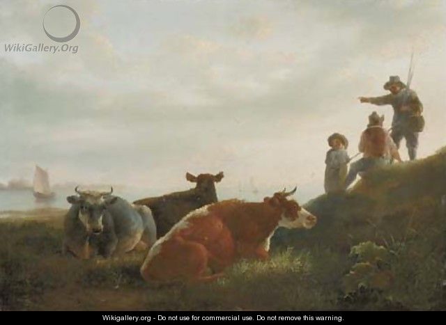 A pastoral landscape with cattle and fishermen by a river - (after) Jacob Van Strij