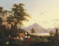 A mountainous Italianate landscape with a herdsman resting with his cattle by a lake - (after) Jacob Van Strij