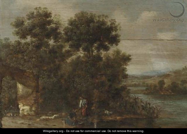 A wooded river landscape with Tobias and the Angel - (after) Jacob Pynas