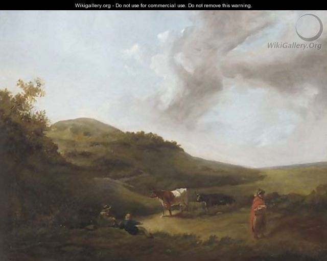 Figures and cattle on a hillside track - (after) James Arthur O