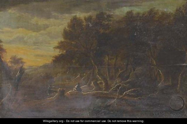 A wooded river landscape with anglers in the foreground - (after) Jacob Van Ruisdael