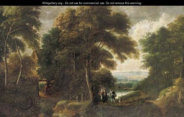 A wooded river landscape with elegant company on a path, with cottage a beyond - (after) Jacques D