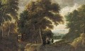 A wooded river landscape with elegant company on a path, with cottage a beyond - (after) Jacques D' Arthois