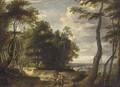 A wooded landscape landscape with peasants on a path - (after) Jacques D
