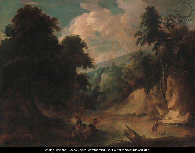 A rocky river landscape with a fisherman and a drover watering cattle - (after) Jacques D