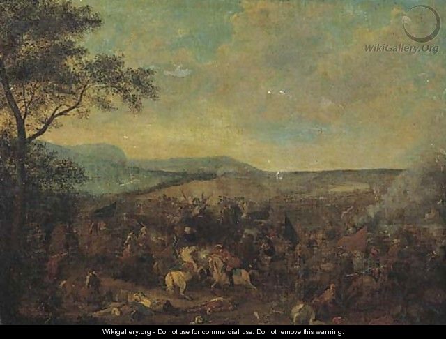 A cavalry skirmish between Christians and Turks in an extensive landscape - (after) Jacques (Le Bourguignon) Courtois