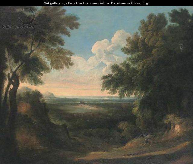 A wooded landscape with two figures in the foreground 2 - (after) Jan Frans Van Orizzonte (see Bloemen)