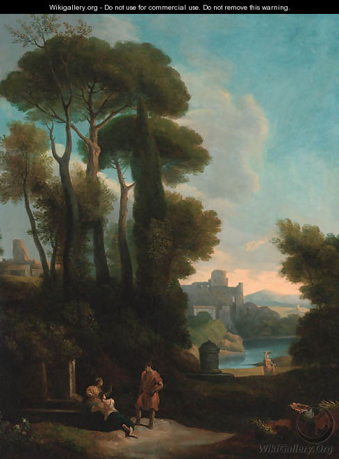 An Italianate landscape with figures resting by a fountain - (after) Jan Frans Van Orizzonte (see Bloemen)