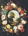 A wreath of roses, tulips, jasmine and other flowers surrounding an oval depicting a landscape - (after) Jan, The Younger Brueghel