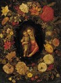 The Virgin and Child set in a feigned cartouche of carnations, tulips, daffodils and other flowers - (after) Jan-Erasmus Quellinus