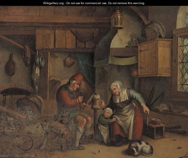 An old couple spinning wool in an interior, a child nearby - (after) Jan-Anton Garemyn