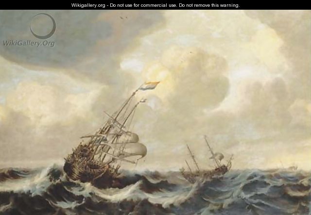 A Dutch three-master and other shipping in a stiff breeze at open sea - (after) Jan Porcellis
