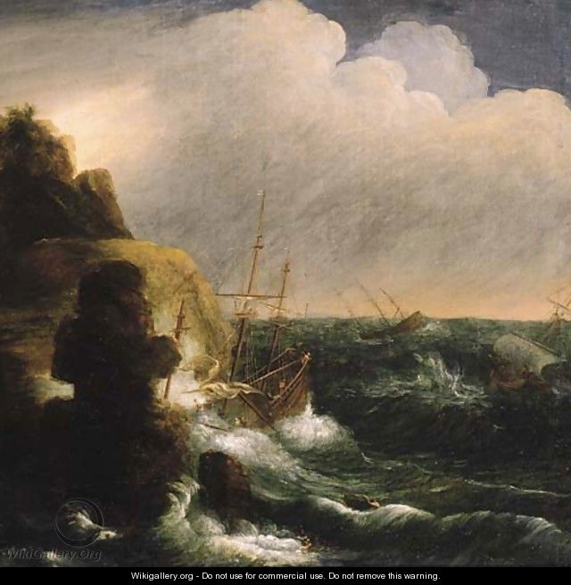 A threemaster foundering off a rocky coast, in a gale - (after) Jan Peeters