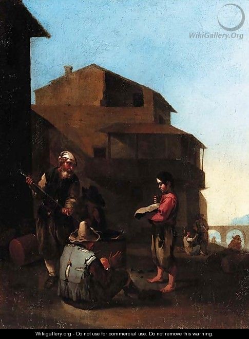 An Italianate town with peasants cooking at a fire - (after) Jan Miel