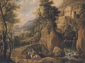 A wooded landscape with travellers on a path by a waterfall - (after) Jan Looten